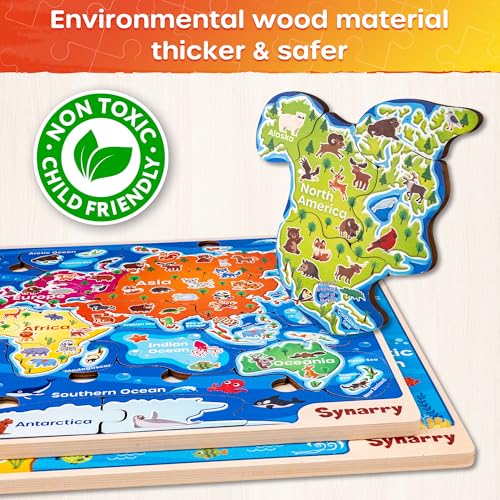 SYNARRY Large USA World Wooden Puzzles for Kids Ages 4-6, Learning United States World Maps Puzles for Kids Ages 6-8, Wood Jigsaw Puzzles Educational Games Toys Gifts for Boys Girls Ages 3-8 - style: USA World Map