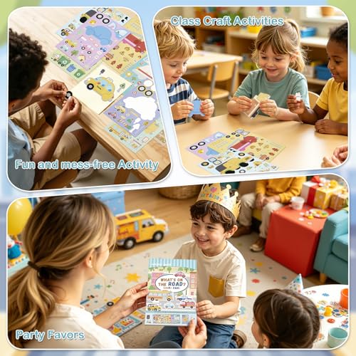 Vehicle Stickers for Toddlers and Kids, 10 Transportation Stickers and a Scene Card, Make Your Own Police Car, Ambulance, Fire Truck Decals, Goodie Bag Stuffers, Boy Toys, Construction Party Favors - style: Car