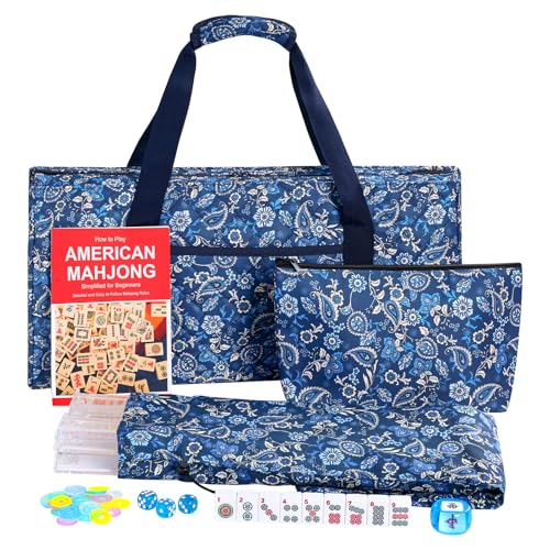 Jongyance American Mahjong Tile Set with Blue Carrying Bag, 166 White Tiles, 4 Rack with Pushers, Mahjong Set with Accessories - color: Blue 02