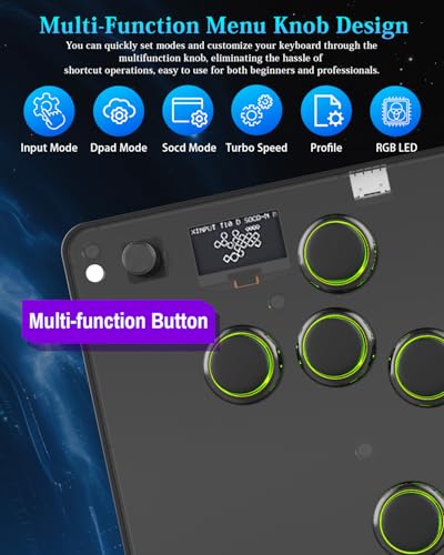 GM-16 Leverless Arcade Stick, Magnetic Detachable Panel, All-Button Fight Controller with 16 Keys, Tournament Lock with OLED, RGB, Turbo & Hot-Swappable for PS4/PS3/PC/Switch, Black