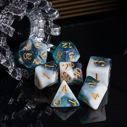 Cyan DND Dice 7PCS Glitter Polyhedral Dice Set for D&D Tabletop Game | Leather Storage Bag, DM Gift, for Dungeons and Dragons Role Playing Games - color: Glitter-white&cyan