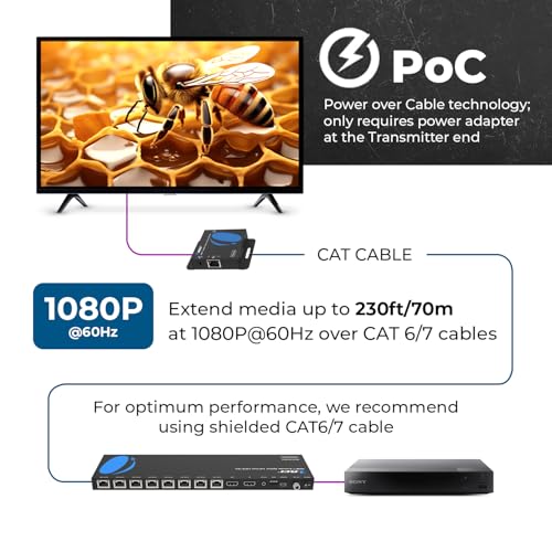 OREI 4K 1x8 HDMI Extender Splitter Multiple Over CAT 6/7 Cable with EDID management - 4K@30Hz upto 165ft and 1080p@60Hz upto 230ft- Loop Out | 1x8 HDMI Extender – HDMI 1.4, 10.2Gbps, Dolby TrueHD, DTS-HD Master Audio, Plug & Play, Metal Housing, PoC Suppo