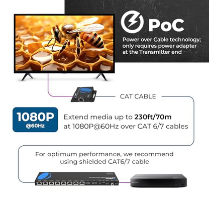 OREI 4K 1x8 HDMI Extender Splitter Multiple Over CAT 6/7 Cable with EDID management - 4K@30Hz upto 165ft and 1080p@60Hz upto 230ft- Loop Out | 1x8 HDMI Extender – HDMI 1.4, 10.2Gbps, Dolby TrueHD, DTS-HD Master Audio, Plug & Play, Metal Housing, PoC Suppo