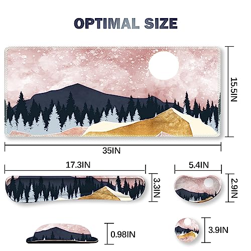 ARTSO Extended Gaming Mouse Pad Set, Keyboard Wrist Rest Support Pad + Wrist Cushion + XXL Large Mouse Pad + Coaster, Stitched Edge, Non-Slip, Memory Foam Desk Mat, Pink Abstract Mountain - color: Pink Abstract Mountain