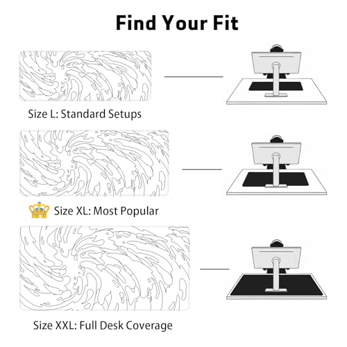 Gaming Mouse Pad L (31.5x11.8in) - Abstract White Line Art Waves, Japanese Doodle Style - Desk Mat, Water Resistant Surface - color: White Ink Waves, size: 11.8x31.5''