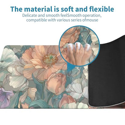 Japanese Floral Mouse Pad Abstract Boho Mouse Pad 31.5x11.8 Inch Aesthetic Flower Texture Non-Slip Rubber Base Large Mousepad Stitched Edges Keyboard Mouse Mat Desk Pad for Office and Home - color: Floral