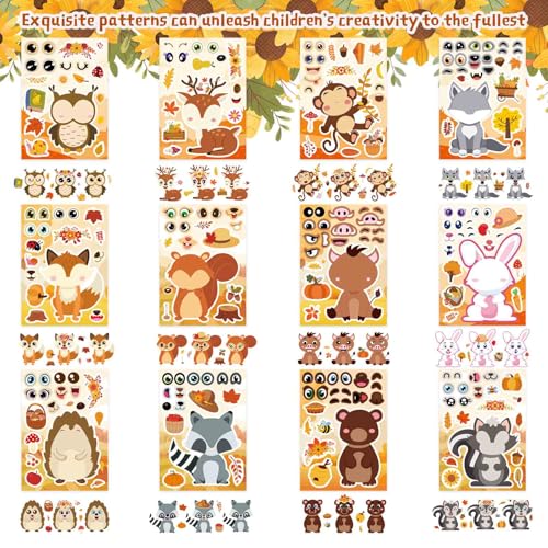 24 Sheets Fall Stickers, Make-a-face Sticker, Fall Animal Stickers | for Kids Make Your Own Animal Mix and Match Sticker Sheets Kids Party Favor Supplies Craft - style: Fall Animal