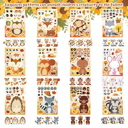 24 Sheets Fall Stickers, Make-a-face Sticker, Fall Animal Stickers | for Kids Make Your Own Animal Mix and Match Sticker Sheets Kids Party Favor Supplies Craft - style: Fall Animal