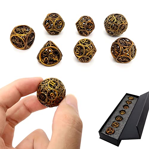 DND Dice,Hollow D&D Metal Dice,Unique Round Ball Design Octopus Dice with Gift Box for Dungeons & Dragon Gaming,7 PCs Steampunk Polyhedral D and D Dic(Ball Octopus Ancient Gold) - color: Ball Octopus Ancient Gold