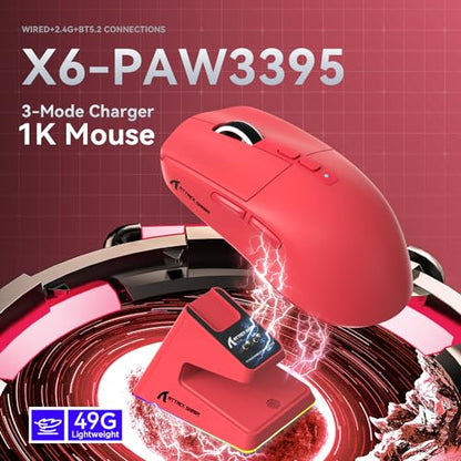 ATTACK SHARK X6 Lightweight Wireless Gaming Mouse with RGB Backlight Charging Base,Tri-Mode Wired/2.4GHz/BT5.2,26K DPI, PAW3395 Optical Sensor,HUANO Switch,5programmable Buttons,PC/Mac(Red) - color: Red, size: Mouse without Anti-slip sticker