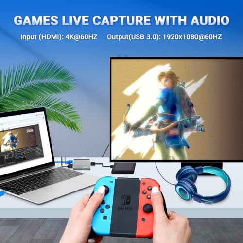 USB 3.0 HDMI Capture Card with 4K60 Input and Loop-Out, 1080P60 Ultra-Low Latency Game Capture for Streaming, Plug & Play with Mic/Audio Input, Compatible with PS5/Xbox/Switch/PC/OBS - color: UCH703 USB 3.0 4K HDMI Capture Card With Loopout