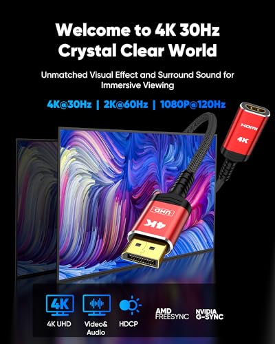 Highwings 4K DisplayPort to HDMI Adapter, Unidirectional DP 1.2 to HDMI 1.4 | Uni-Directional DP 1.2 Computer to HDMI 2.0 Screen, Display Port to HDMI Adapter Male to Female for Dell HP AMD, Passive - color: Red, style: 4K 30Hz-1 Pack