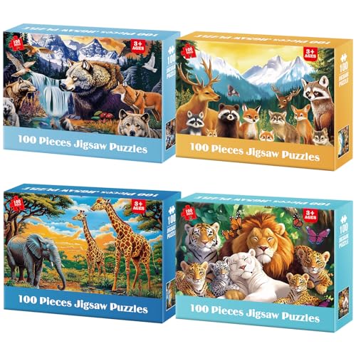 Jeacirio Kids Puzzles Ages 5-8 - Wild Animals Puzzles 100 Piece Jigsaw Puzzles for Kids Ages 4-6 Toddler Puzzle, World of Animals Collection Puzzles Gift Educational Toys for Boys and Girls 4-Pack - style: World of Animals