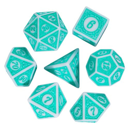 7PCs DND Dice Set, Unique Window Lattice Pattern D&D Dice Set with Leather Dice Bag, Polyhedral Dice for RPG, Table Games (Cyan/White) - color: Cyan With White Edge