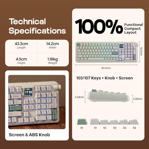 EPOMAKER RT100 PRO Wireless Gaming Keyboard with 1.54" Screen&Knob, RGB | 2.4Ghz/BT/USB-C, Hot Swap, 5000mAh, PBT Keycap, Custom Driver, Retro Mechanical Keyboard for Win/Mac (White, Creamy Jade) - size: Creamy Jade