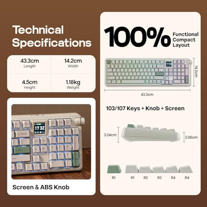 EPOMAKER RT100 PRO Wireless Gaming Keyboard with 1.54" Screen&Knob, RGB | 2.4Ghz/BT/USB-C, Hot Swap, 5000mAh, PBT Keycap, Custom Driver, Retro Mechanical Keyboard for Win/Mac (White, Creamy Jade) - size: Creamy Jade