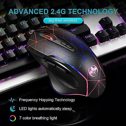VEGCOO Wireless Gaming Mouse, Rechargeable Mice 3 Level DPI With Colorful Led Lights, Silent 7 Buttons Gaming Wireless Mouse With Side Buttons & Thumb Rest, Computer Gamer Mouse PC/Mac, Laptop/Desktop