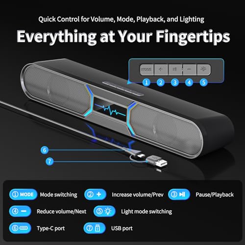 Computer Speakers for Desktop PC, Bluetooth PC Soundbar with Dual Bass Reflex for Monitor, USB Powered RGB Gaming Speakers with USB Wired Input, Stereo Sound for Laptop, Tablet and Desktop Setup