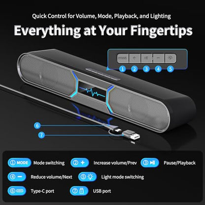 Computer Speakers for Desktop PC, Bluetooth PC Soundbar with Dual Bass Reflex for Monitor, USB Powered RGB Gaming Speakers with USB Wired Input, Stereo Sound for Laptop, Tablet and Desktop Setup