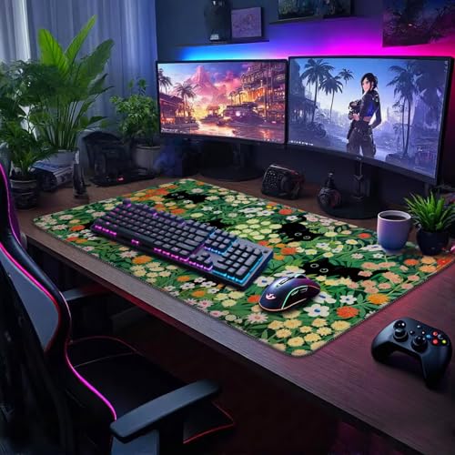 Cute Flower Cat Large Gaming Mouse Pad Desk Mat 31.5"x15.7" | Extended Mousepad, Non-Slip Rubber Base , Stitched Edges, for Computer/Laptop/Office/Home - color: Cat Floral