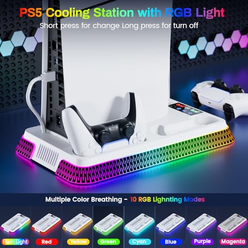 PS5 Cooling Station and PS5 Stand with RGB Controller Charging Station for PlayStation 5 Console, Controller Charger, Cooling Stand, PS5/Slim/Pro Accessories Kit with 3 Level Cooler Fan - color: piano-white