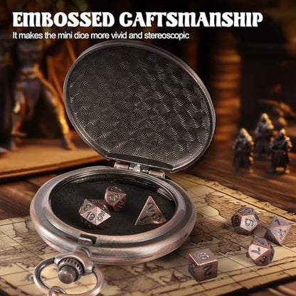 D&D Dice Set,7PCS Metal Dice for Dungeons and Dragons,Mini Dice Set with Pocket Watch Case,Role Playing Board Games Accessories (DM, Copper) - color: Copper, style: DM