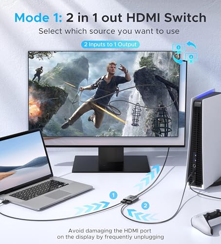 HDMI Switch 2 in 1 Out 4K@60Hz, WARRKY[with 3.3ft Fixed Braided HDMI Cable, Aluminum Case, 2K@144Hz, HDCP 2.2] Bidirectional 2x1 Switcher Splitter Compatible for PS5/4, Xbox, Roku, FireStick, Switch - color: Grey