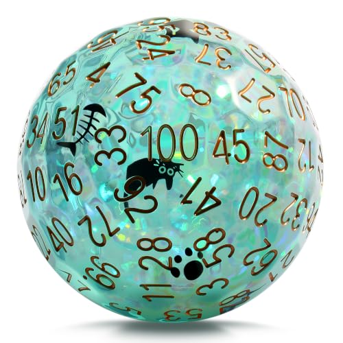 DNDND 50mm Liquid Core D100 Dice with Embedded Cat Pattern Globe, Enigmatic Teal Quicksand 100 Sided, Big Resin Percentile Dice with Built-in Kitten Graphics, Unique Gift for Cat Lover D&D Gamer - color: Cat Teal