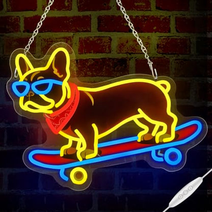 French Bulldog Skateboarding Neon Sign, Skateboard Dog Frenchie Wearing Glasses Neon Signs | Dimmable LED Bulldog Wall Art Decor | Frenchie Dog Lover Gifts - color: French Bulldog