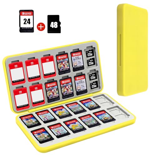 FYY Nintendo Switch Game Case Holder for Switch 2 Cartridge, Yellow | 24 Game Card Slots & 48 Micro SD Card Slots, Hard Shell, Silicone Lining - color: B-Yellow