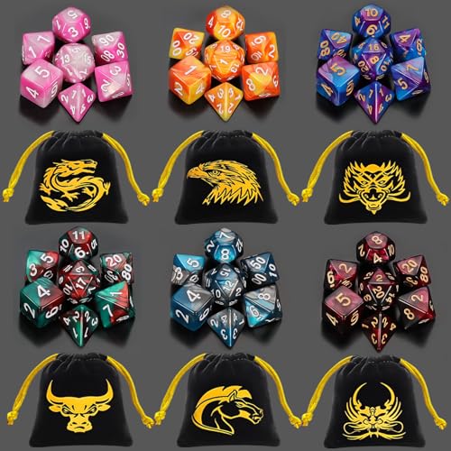 QMay DND Dice Sets - 6 X 7 Polyhedral Dice (42pcs) with 6 Drawstring Bags for Dungeons and Dragons, RPG, MTG,Role Playing Table Game - color: 6 Sets-42pcs