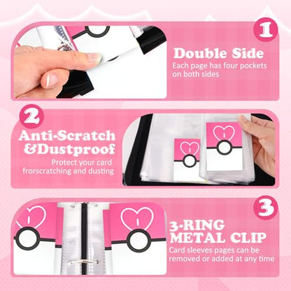 4 Pockets Trading Card Binder, 400 Card Holders with 50 Removable Sleeves, Portable Card Binder Album with zipper, Card holder Book for Game, Sport Collection (Light Pink) - color: Light Pink