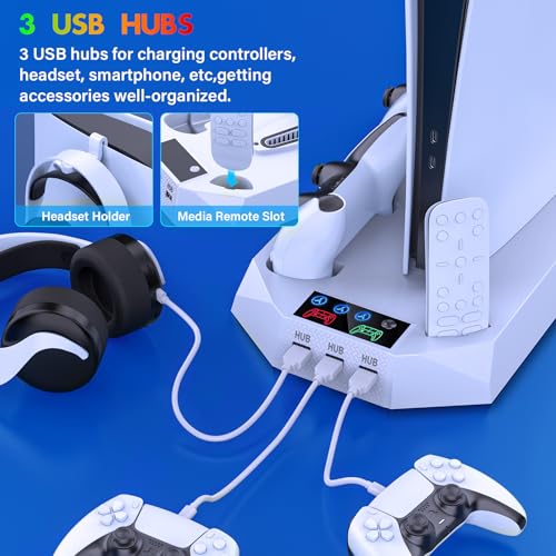 PS5/Slim/Pro Cooling Station with Controller Charging Station for PlayStation 5 Slim/Pro Console, PS5 Cooling Stand Cooler Accessories Incl Cooling Fan, 3 USB Hubs, Headset Holder, Screw - White - color: White