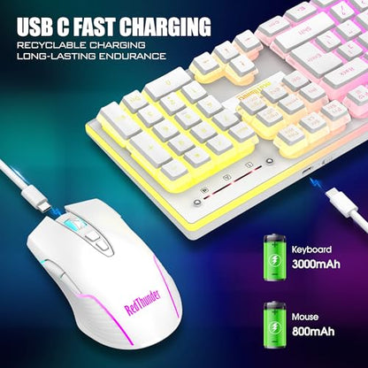 RedThunder K10 Wireless Gaming Keyboard and Mouse Combo, RGB Backlit Rechargeable 3800mAh Battery, Mechanical Feel Anti-ghosting Keyboard + 7D 3200DPI Mice for PC Gamer(White Pudding) - color: White Pudding