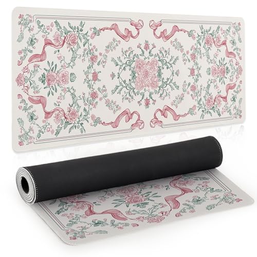 Pink Floral Gaming Mouse Pad, Desk Mat, XL Large Mousepad Non-Slip, Desk Pad, Extended Big Keyboard Mat for Desktop Decor, Office Desk Accessories for Women, 31.5x11.8in - color: Pink Floral