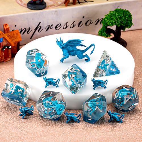 Dragon Resin D&D Dice Set, 7-Piece DND Polyhedral Dice (D4, D6, D8, D10, D12, D20, D%) Dungeons and Dragons Dice Set - color: Blue Dragon