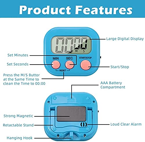 Digital Kitchen Timer for Cooking, Multi-Function Electronic Timer, Big Digits Loud Alarm Strong Magnetic Backing, Classroom Timers for Teachers - color: Blue