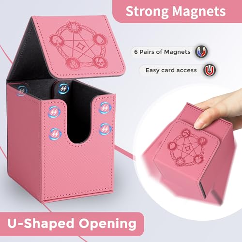 Card Deck Box with 2 Dividers, MTG Commander Deck Box Holds 100+ Double-Sleeved Cards, Leather Magnetic Deck Case Compatible with Magic TCG CCG Cards, Pink - color: 2. Pink, size: 100 Double-sleeved Cards Vertical