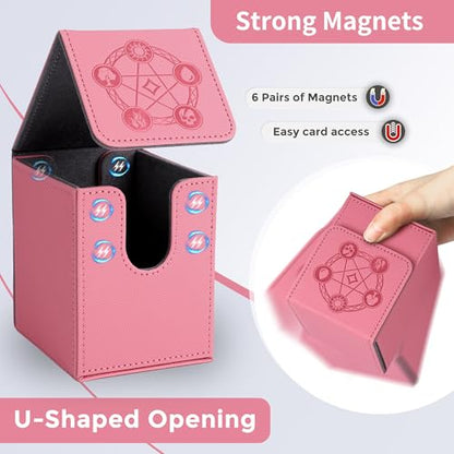 Card Deck Box with 2 Dividers, MTG Commander Deck Box Holds 100+ Double-Sleeved Cards, Leather Magnetic Deck Case Compatible with Magic TCG CCG Cards, Pink - color: 2. Pink, size: 100 Double-sleeved Cards Vertical