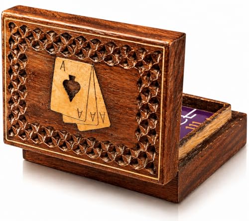 Unique Birthday Gift Ideas Handcrafted Classic Wooden Playing Card Holder Deck Box Storage Case Organizer With Premium Quality 'Ace' Playing Cards Anniversary Housewarming Gifts Men Women