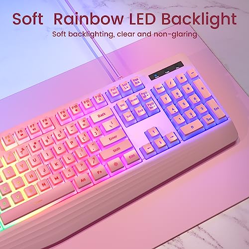 yesbeaut Pink Creamy Keyboard, Rainbow LED Backlit, 104 Keys Silent Light Up Gaming Keyboard with Wrist Rest, PBT Keycap, Anti-ghosting, Waterproof USB Wired Computer Keyboard for PC Mac Xbox - color: pink