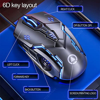 Gaming Mouse Wired,6 Buttons, 4 Adjustable DPI Up to 3200 DPI, 7 Circular & Breathing LED Light, Multifunction Wired Mouse Used for Games and Office (Black) - color: Black