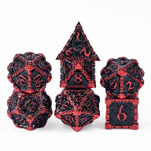 Cusdie 7Pcs Metal Dice with Metal Box, Dagger Design Polyhedral DND Dice Set, for Role Playing Game D&D Dice (Black with Red Font) - color: Black With Red Font