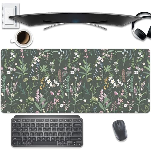 Green Plant and Floral Mouse Pad,Large Flowers Mousepad Desk Pad with Stitched Edges,Non-Slip Waterproof Rubber Base Mouse Mat for Office Computer Keyboard Laptop Home 27.5x11.8 in - color: Black background with small flowers
