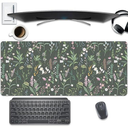 Green Plant and Floral Mouse Pad,Large Flowers Mousepad Desk Pad with Stitched Edges,Non-Slip Waterproof Rubber Base Mouse Mat for Office Computer Keyboard Laptop Home 27.5x11.8 in - color: Black background with small flowers