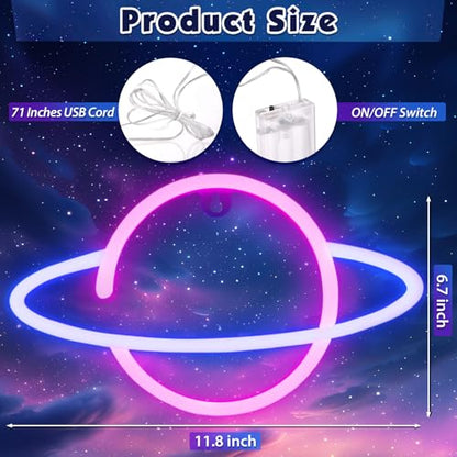 Planet Neon Sign for Wall Decor, Outer Space Night Light | USB or Battery Operated, Pink/Blue Planet Led Lighted Sign, for Bedroom, Gaming Room, Party Time, Kids Gifts
