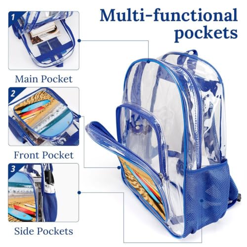 16" Clear Backpack Waterproof Stadium Bag for Security | Beach Surfboard, Transparent Backpack Stadium Events, Heavy Duty Bookbag, See Through Bag for Sports Festivals Travel - color: Blue