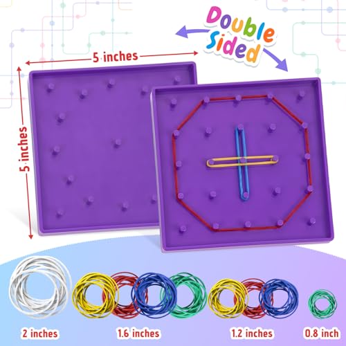 6 Pack Double-Sided Geoboard Math Preschool Classroom Manipulative for Kids | Geo Board Set with Rubber Bands and 15 Pattern Cards for STEM Shapes, Classroom Must Haves, Fine Motor Games for Kids Party