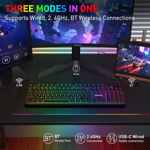 Redragon K526 PRO RGB Wireless Membrane Gaming Keyboard, 104 Keys Mechanical-Feel Keyboard w/LED Info Display, Media/Backlit Knob Control, Linear Switch & Software Supported (Side Printed Font) - color: Black (Side Printed)