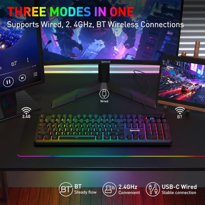 Redragon K526 PRO RGB Wireless Membrane Gaming Keyboard, 104 Keys Mechanical-Feel Keyboard w/LED Info Display, Media/Backlit Knob Control, Linear Switch & Software Supported (Side Printed Font) - color: Black (Side Printed)